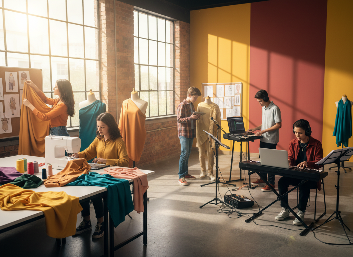 A vibrant, energetic photo of a diverse group of teenagers in a creative school environment — one side shows students working on fashion design, draping fabrics and sketching clothing designs on mannequins, while another group is making music together with headphones, a laptop and a keyboard/synthesizer. Bright modern space, natural light, collaborative and passionate atmosphere. Warm colors, dynamic composition. No text, no logos.