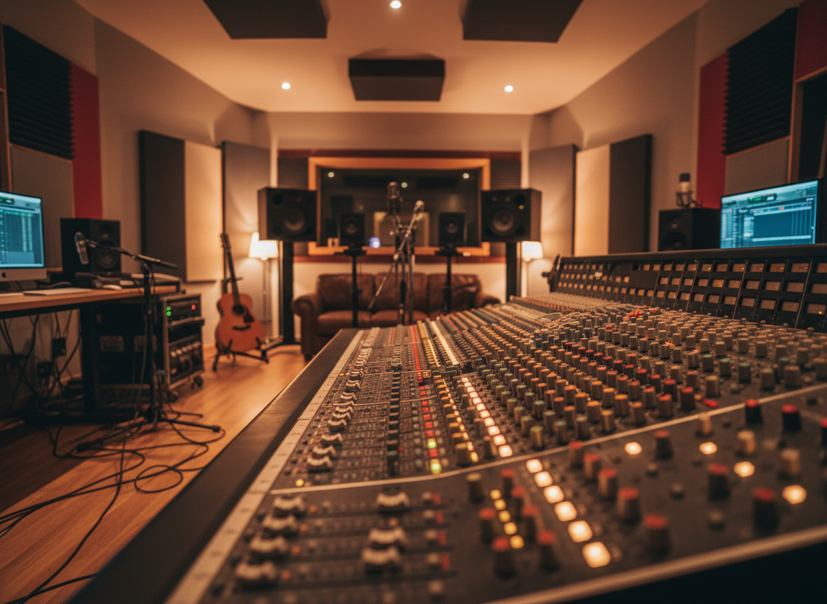 Professionele muziekstudio met een groot analoog mengpaneel en studiomonitors